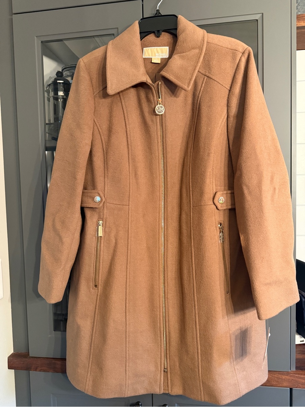 Michael Kors Camel Zip-Front Wool Pea Coat